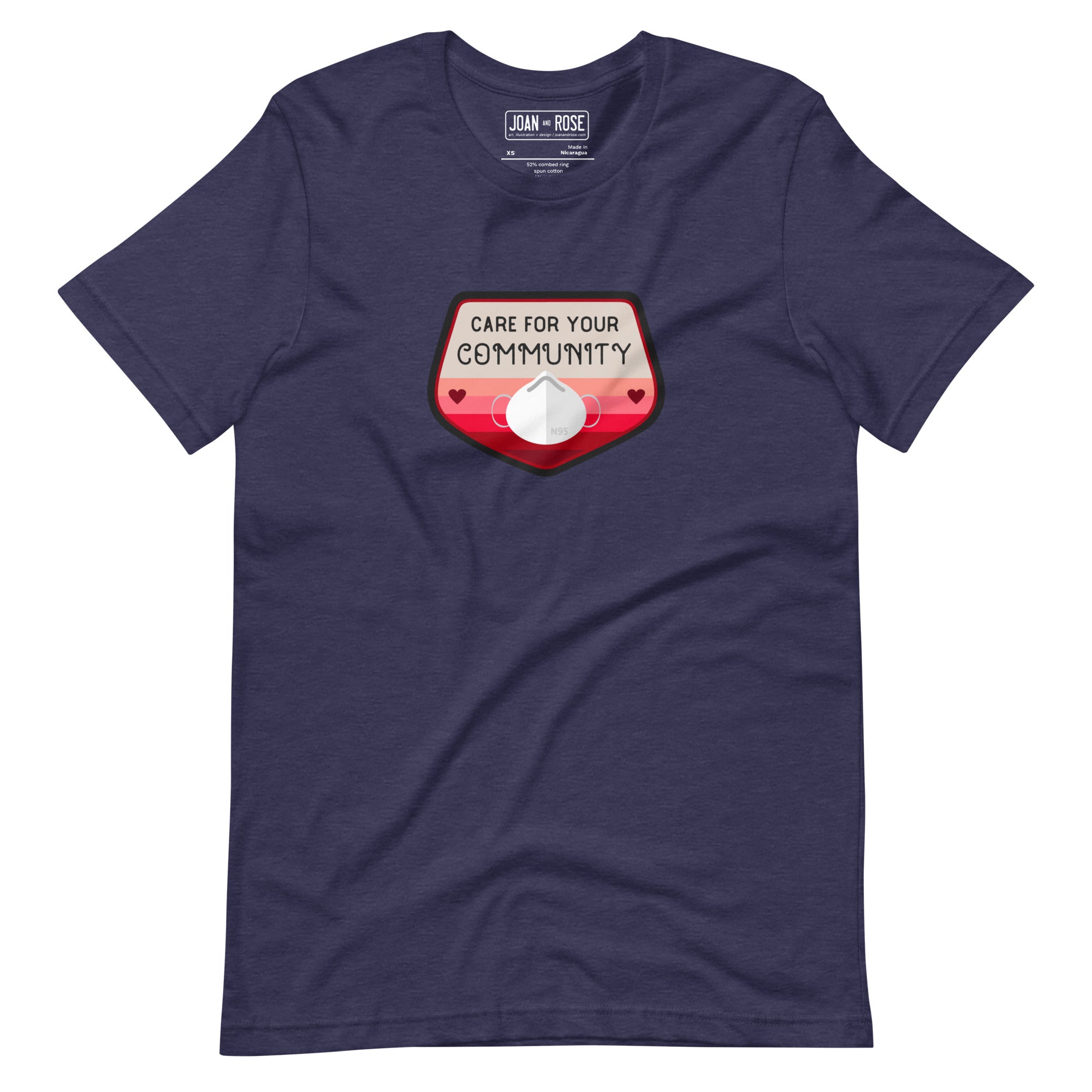 View of Care for your community t-shirt in heather midnight navy